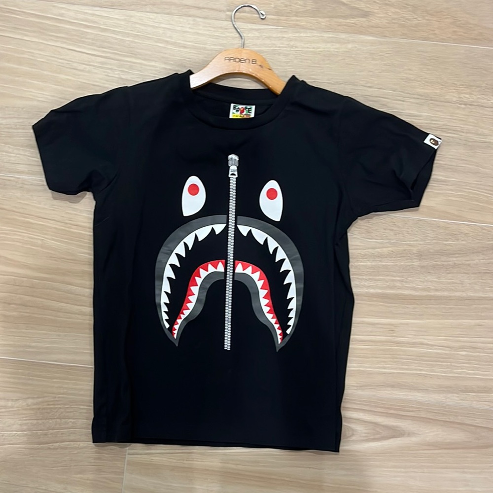 A Bathing Ape, women’s Small. Black and grey camo shark tee.
